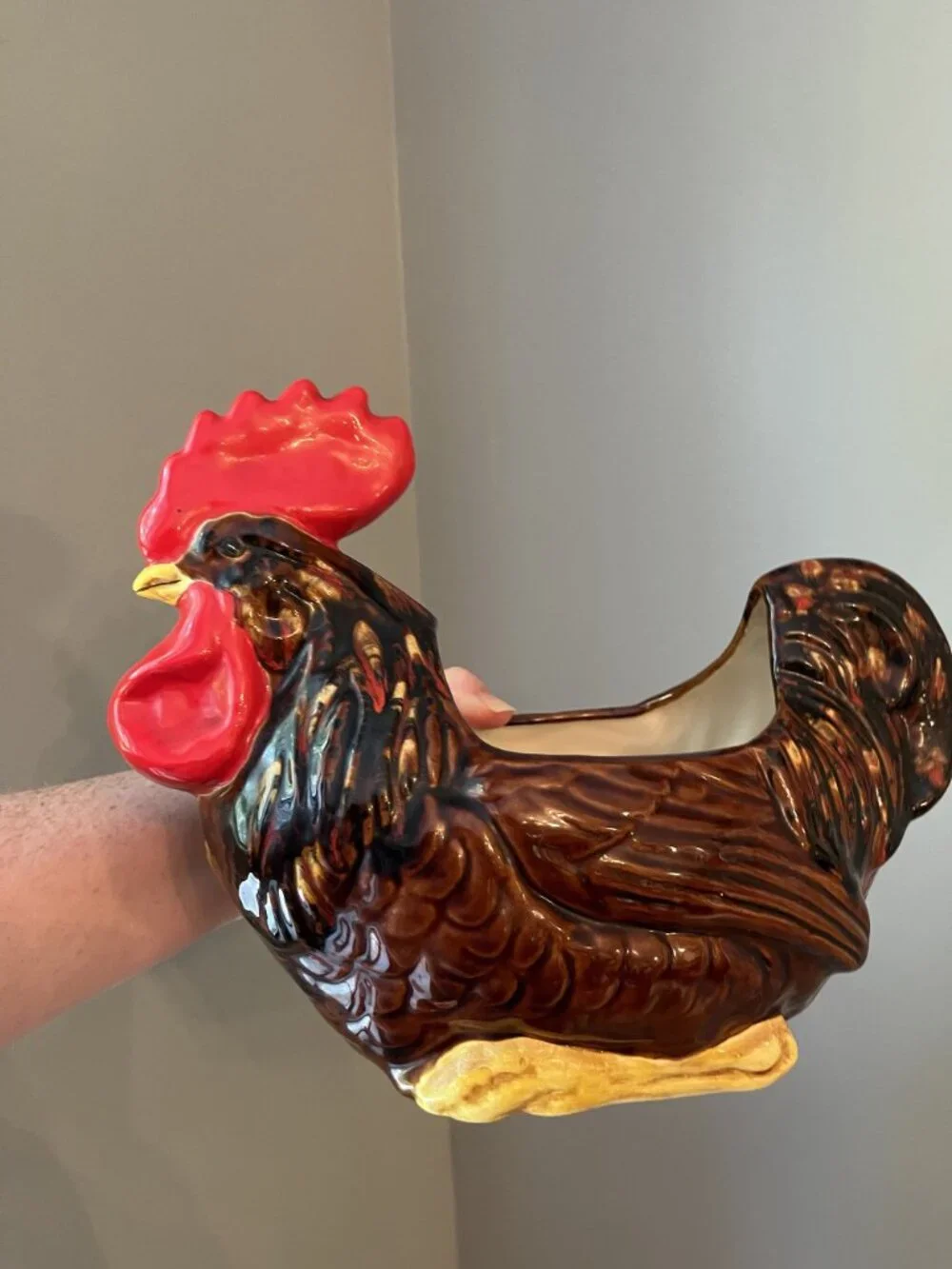 Vintage Ceramic Rooster Planter With Glossy Finish And Bold Colors